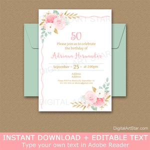Floral 50th Invitation Template Download Gold Pink Mint Green White