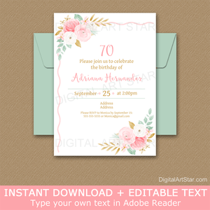 Floral 70th Birthday Invitation Template Pink Gold Mint Green