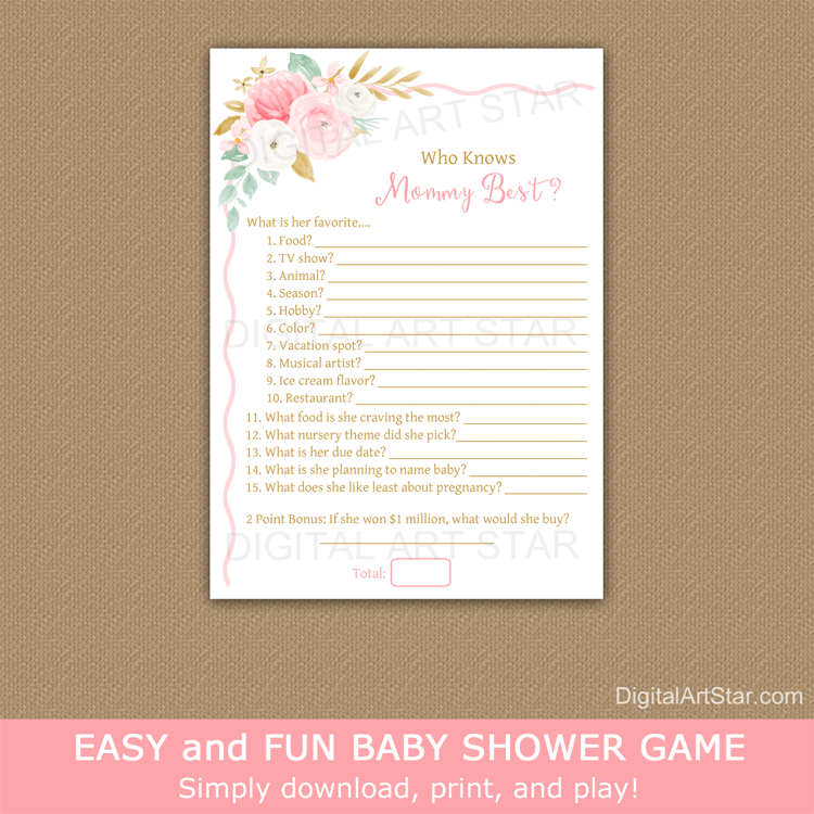 Floral Baby Shower Game Who Knows Mommy Best Pink Gold Mint Green
