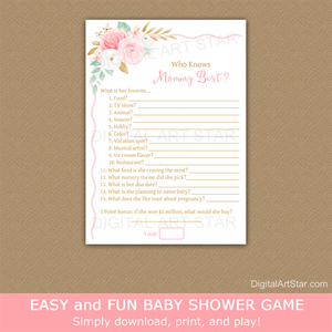 Floral Baby Shower Game Who Knows Mommy Best Pink Gold Mint Green