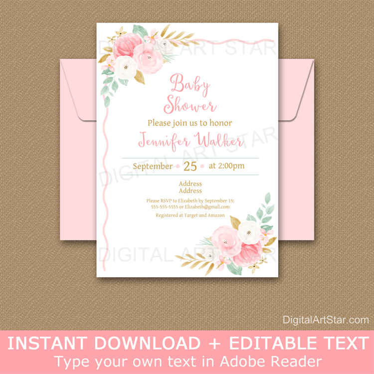 Floral Baby Shower Invitation Template Pink, Gold, Mint Green