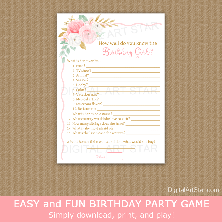 Floral Birthday Game How Well Do You Know the Birthday Girl Pink Gold Mint Green