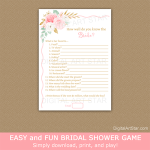 Floral Bridal Shower Game How Well Do You Know the Bride - Pink Gold Mint Green
