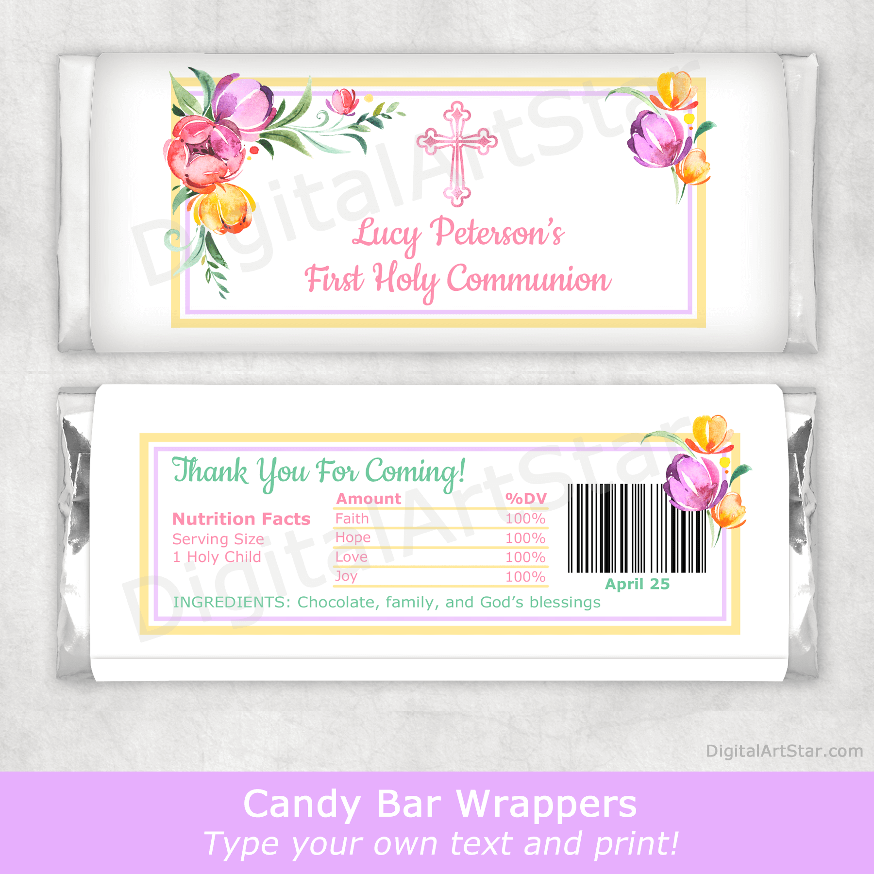 Floral First Communion Candy Bar Wrappers Printable Party Favors