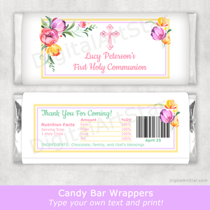 Floral First Communion Candy Bar Wrappers Printable Party Favors