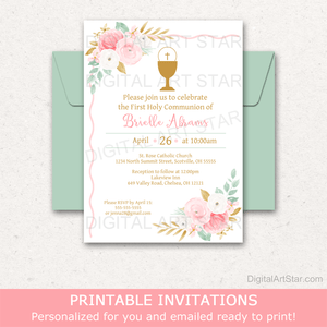 Floral First Communion Invitation Girl Pink Gold Mint Green