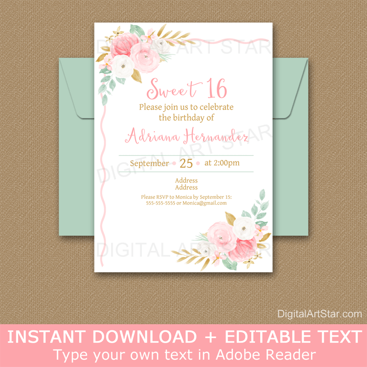 Floral Sweet 16 Invitation Printable Pink Gold Mint Green