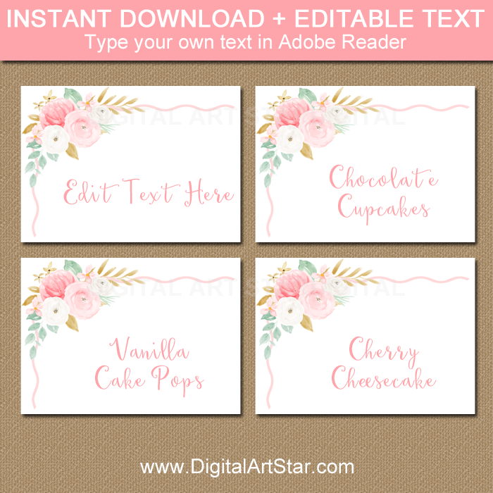 Floral Wedding Place Cards Template Pink Gold Mint Green