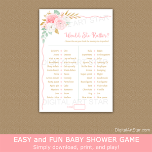 Floral Would She Rather Baby Shower Game - Pink, Gold, Mint Green