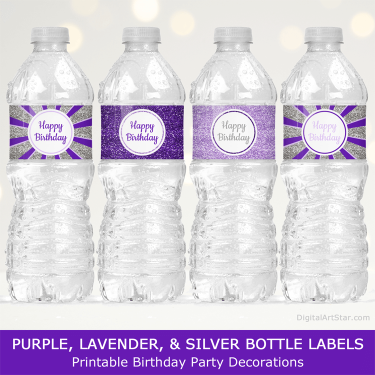 Girl Birthday Decorations Purple Lavender Silver Water Bottle Labels