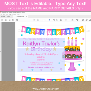 Girl Birthday Invitation Template Editable