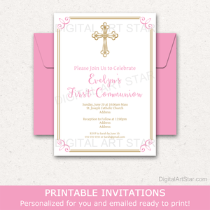 Girl First Communion Invitation Digital White Pink with Gold Cross