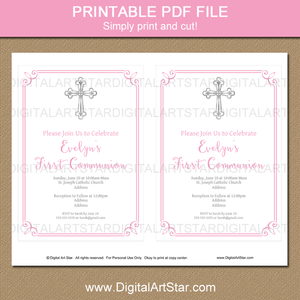 Girl First Communion Invitation Printable PDF Pink White Gray