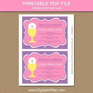 Girl First Communion Invitation Printable PDF in Purple Pink Yellow