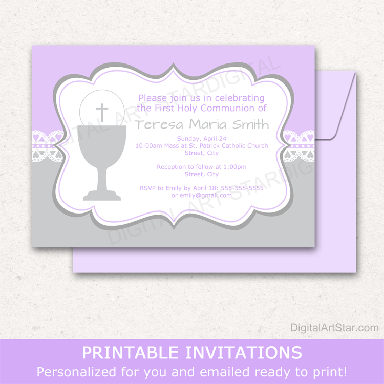 Girl First Holy Communion Invitation with Lace in Purple and Gray