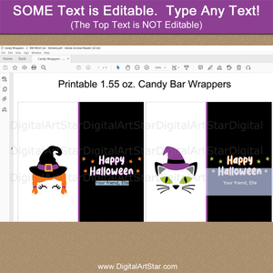 Girl Halloween Candy Bar Wrappers Favors with Witch and Cat