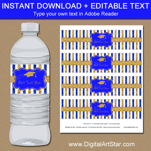 Glitter Graduation Water Bottle Labels Royal Blue and Gold Instant Download Editable Template