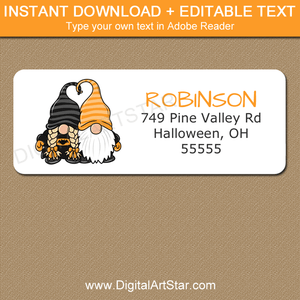 Gnome Couple Halloween Address Labels Template Editable Text