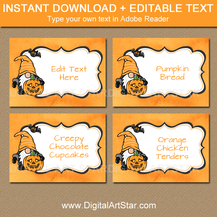 Gnome Halloween Food Labels Food Tents Place Cards Template