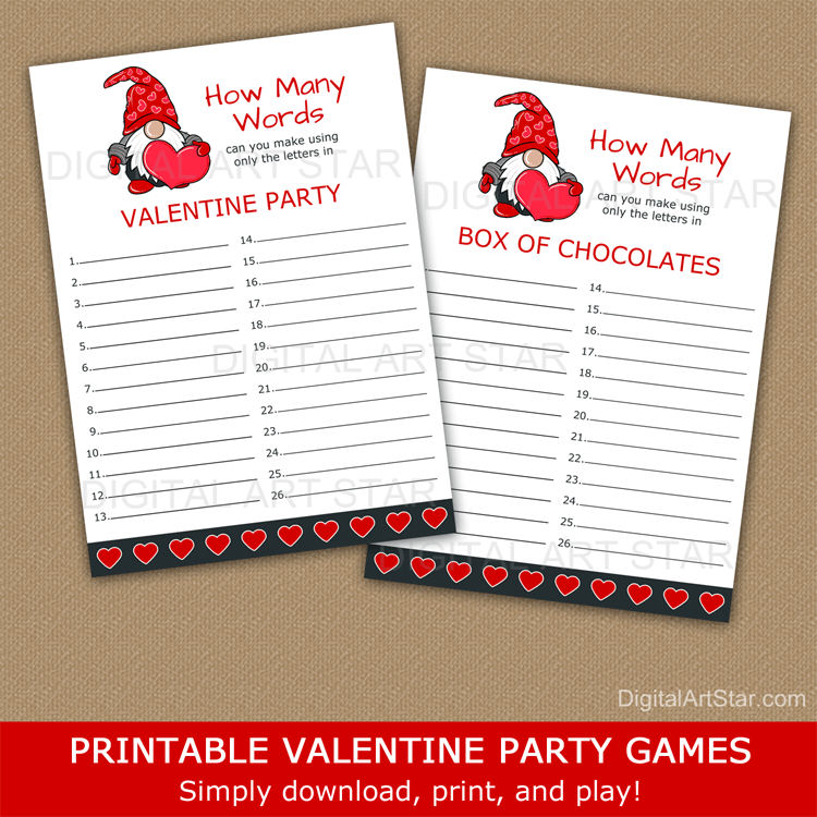 Gnome Valentine Printable Game How Many Words Can You Make