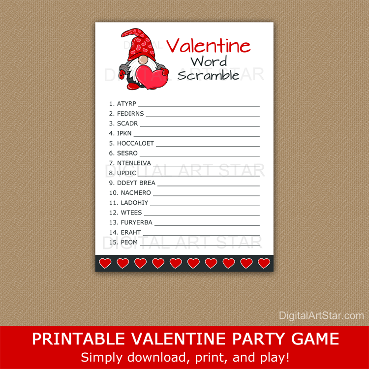Gnome Valentine Word Scramble with Answers