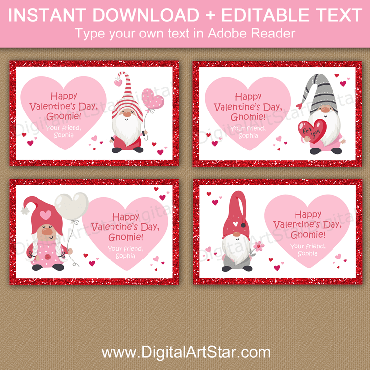 Gnomie Valentine Cards Glitter Valentine Cards Printable PDF