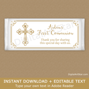 Gold Cross First Communion Candy Bar Wrappers for Girls Boys Twins Siblings