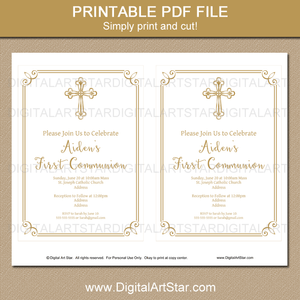 Gold Cross First Communion Invitation Printable PDF for Girls or for Boys