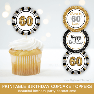 Gold Silver and Black 60th Birthday Cupcake Toppers for Him For Her