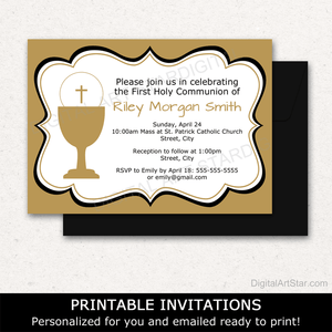 Gold White Black First Communion Invitation Template for Boys or Girls