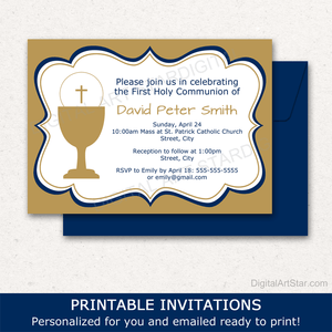 Gold White Blue First Communion Invitations Printable for Boys