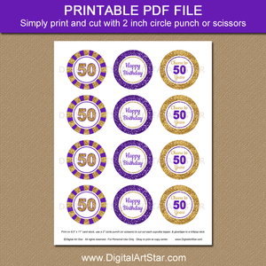 Golden Birthday Cupcake Toppers Printable PDF in Purple and Gold