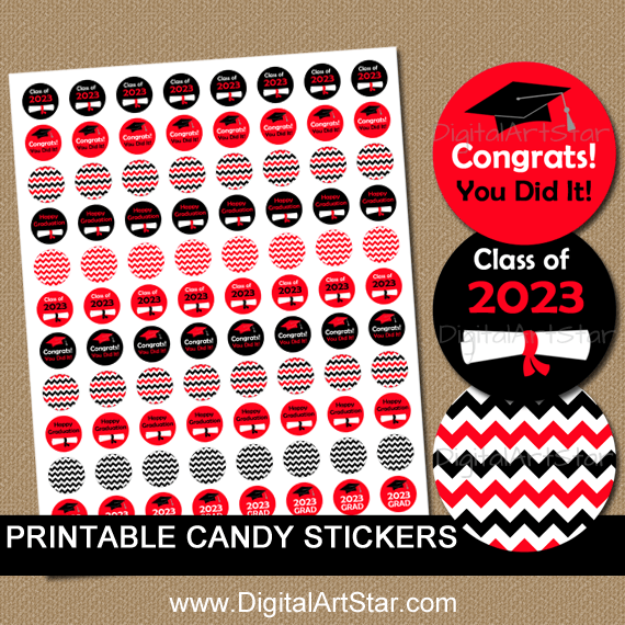 Graduation 2023 Printable Candy Stickers Red Black Chevron