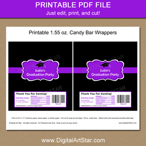 Graduation Candy Bar Wrapper Printable Black and Purple Party Favors