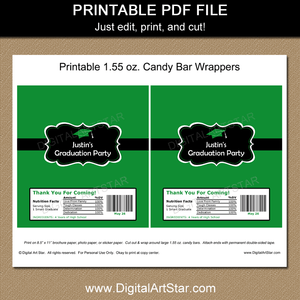 Graduation Candy Bar Wrapper Printable Kelly Green and Black Graduation Favors