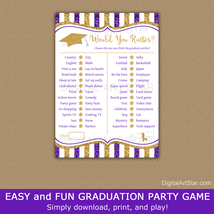 Graduation Game Printable Would You Rather Purple Gold