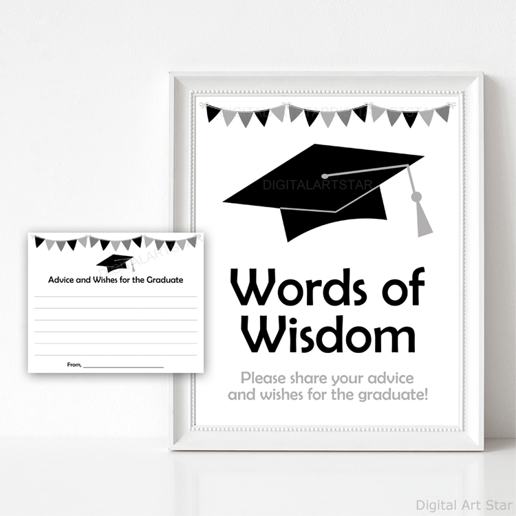Black and White Graduation Party Advice Cards Template, Words of Wisdom Sign