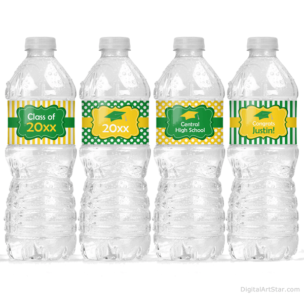 Green and Yellow Graduation Water Bottle Labels | Digital Art Star
