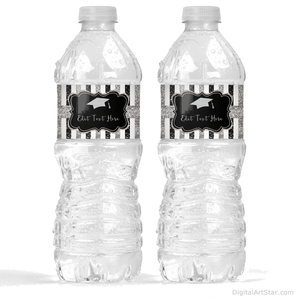 Graduation Water Bottle Labels Black and Silver Glitter Stripes