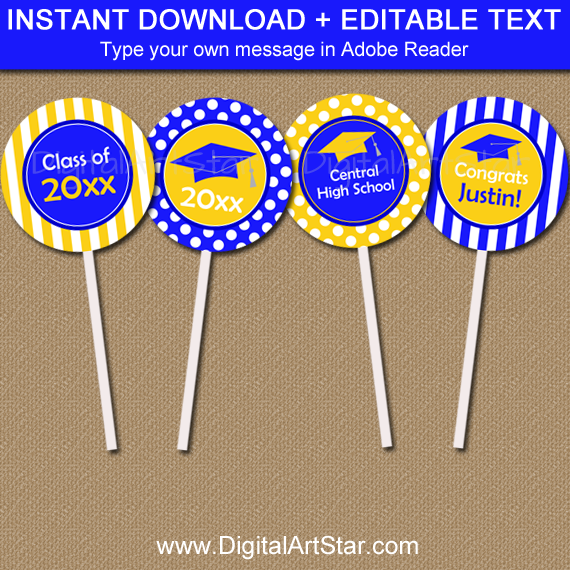 Graduation Cupcake Toppers Blue and Yellow