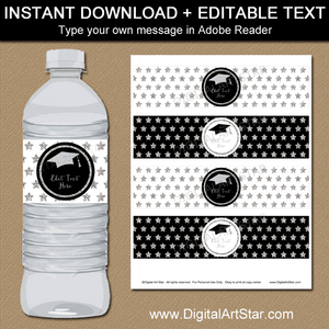 Instant Download Black and Silver Graduation Water Bottle Label Template