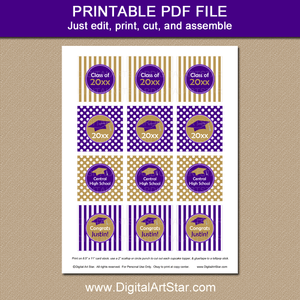 Graduation Printable Cupcake Toppers in Purple, Gold, White