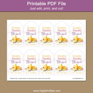 Grateful Thankful Blessed Printable Thanksgiving Tags with Gourds