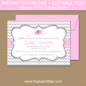 Gray Chevron Baby Shower Invitations with Pink Elephant