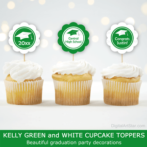 Green and White Graduation Party Decorations Printable Cupcake Toppers Picks