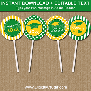 Kelly Green and Yellow Graduation Cupcake Toppers
