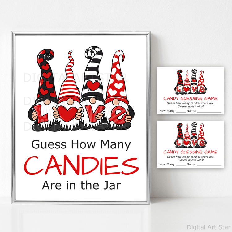 Guess How Many Candies Are in the Jar Valentine Candy Guessing Game  with Red and Black Gnomes