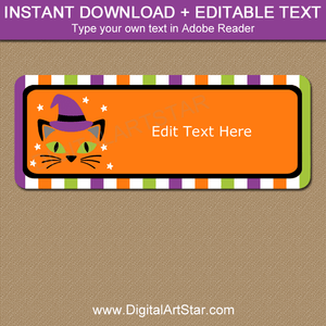 Halloween Address Labels Editable Template Cat Face Witch Hat