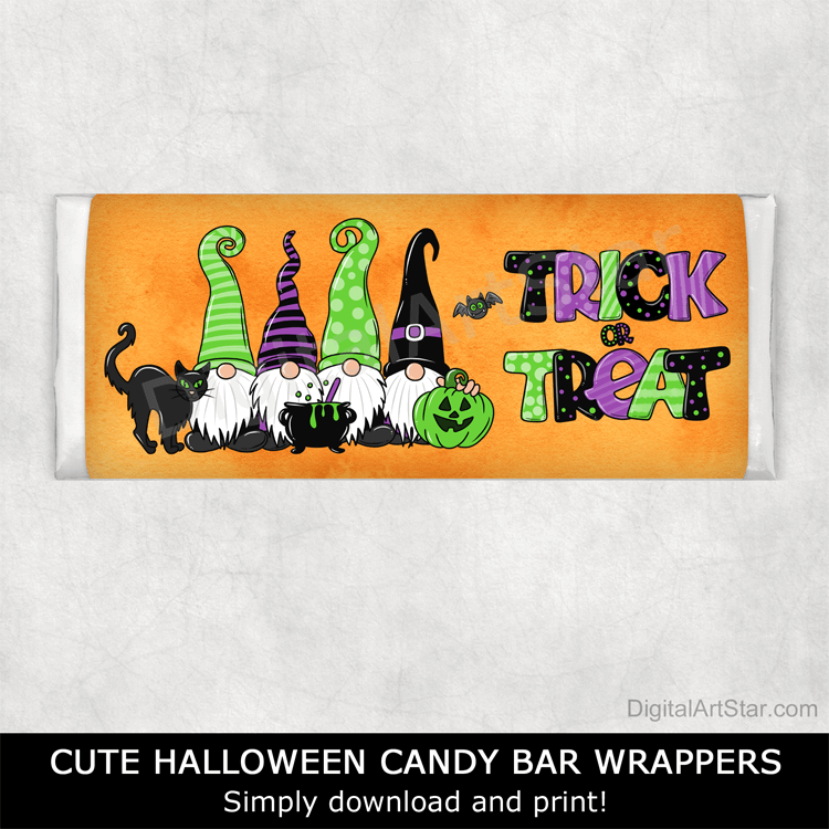 Halloween Gnome Trick or Treat Candy Bar Wrappers Printable Orange Purple Green Black