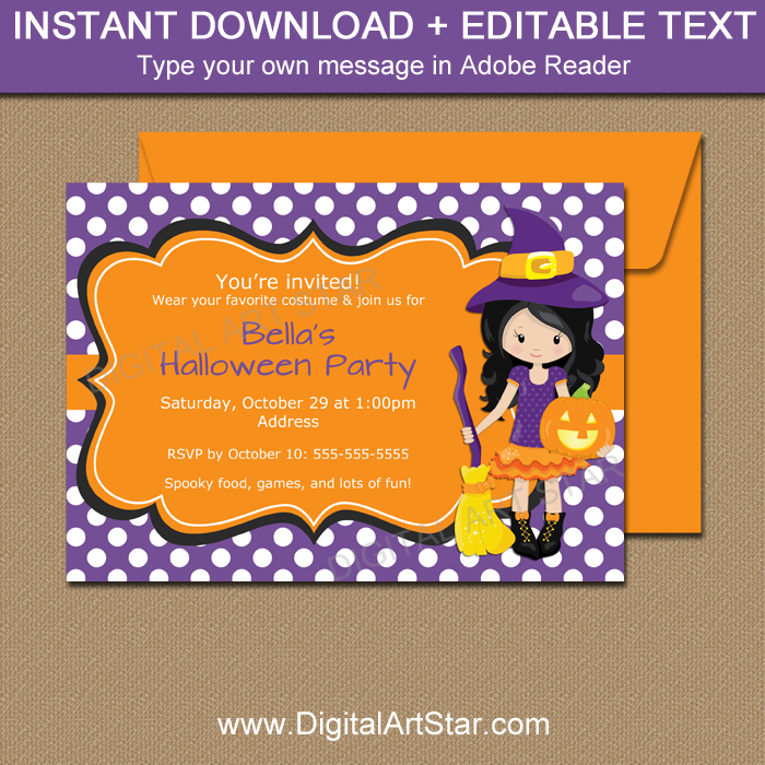 Halloween Girl Birthday Party Invitations with Witch